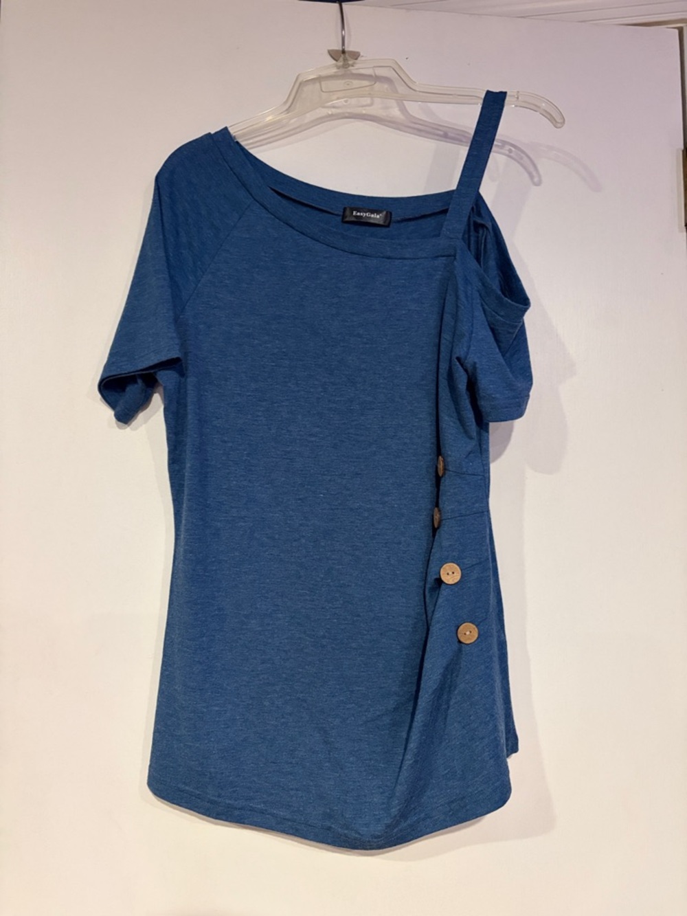 Casual Blue One-Shoulder Button Detail Short Sleeve Top